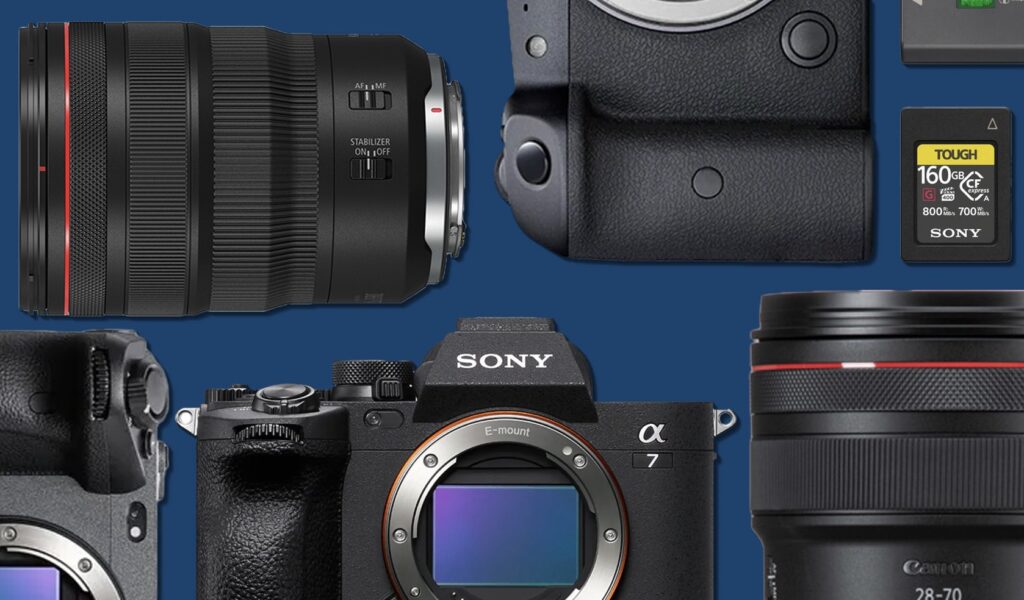 A banner featuring multiple cameras, lenses, and accessories.
