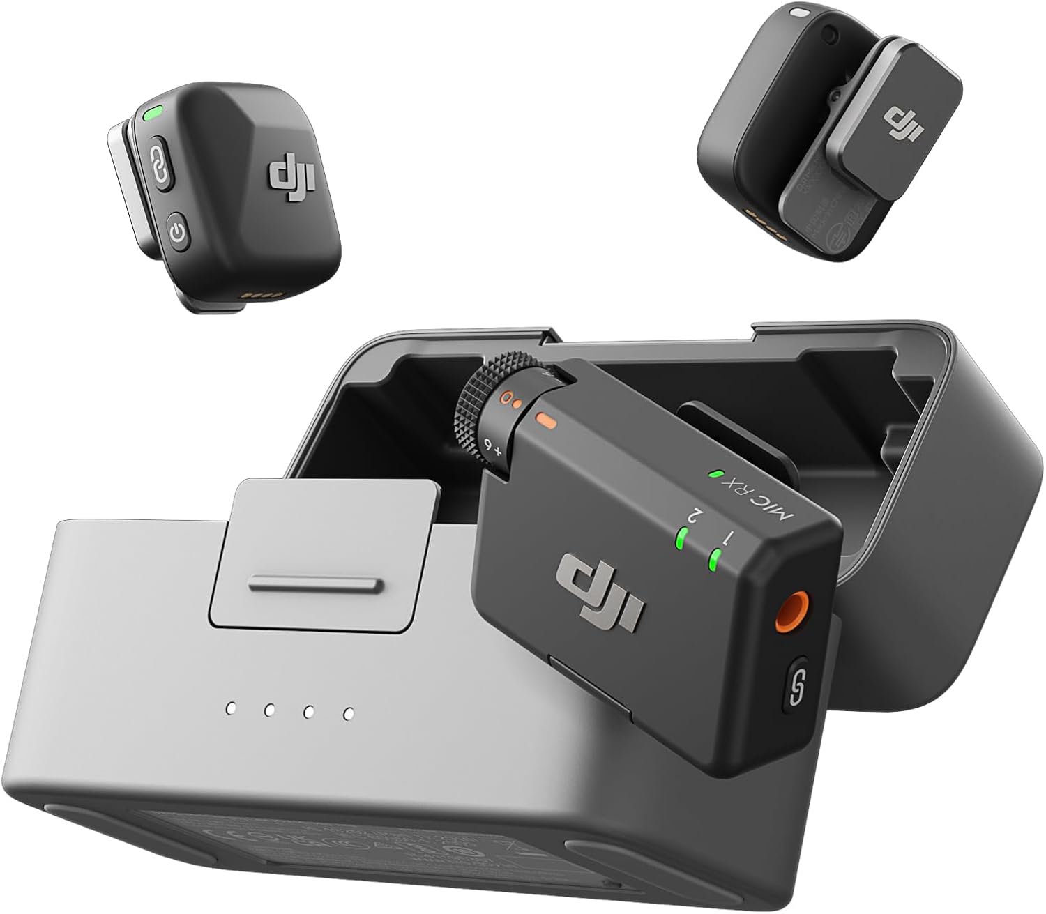 Stock image of the DJI Mic Mini (2 TX + 1 RX + Charging Case)