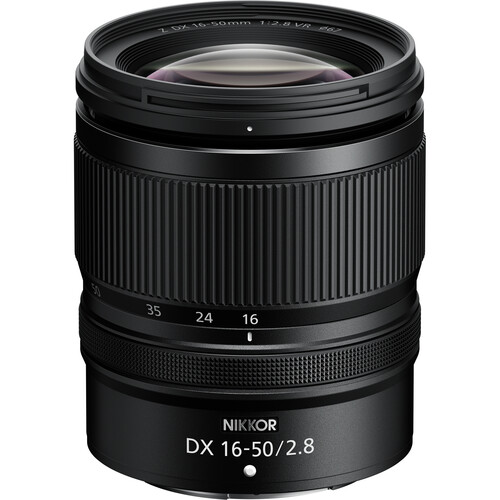 Product photo of the Nikon DX 16-50mm f/2.8 VR lens on a white background.