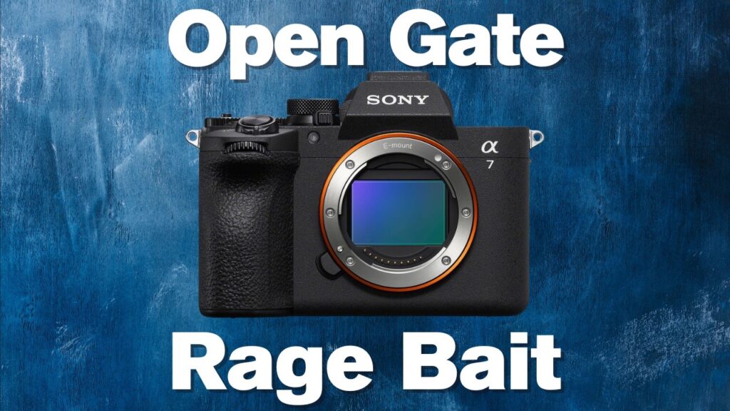 The Sony a7V on a blue background with the words "OPen Gate Rage Bait"