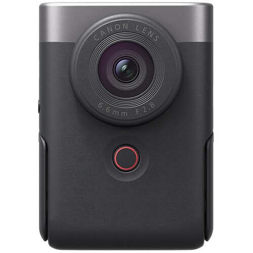 Canon PowerShot V10 compact vlogging camera in silver with 1-inch sensor, built-in stand, and flip LCD for 4K video and webcam use